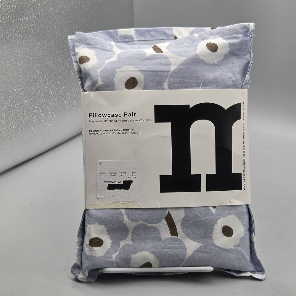 Marimekko Unikko light blue pair pillowcases 100% cotton 2 pc oekotex new